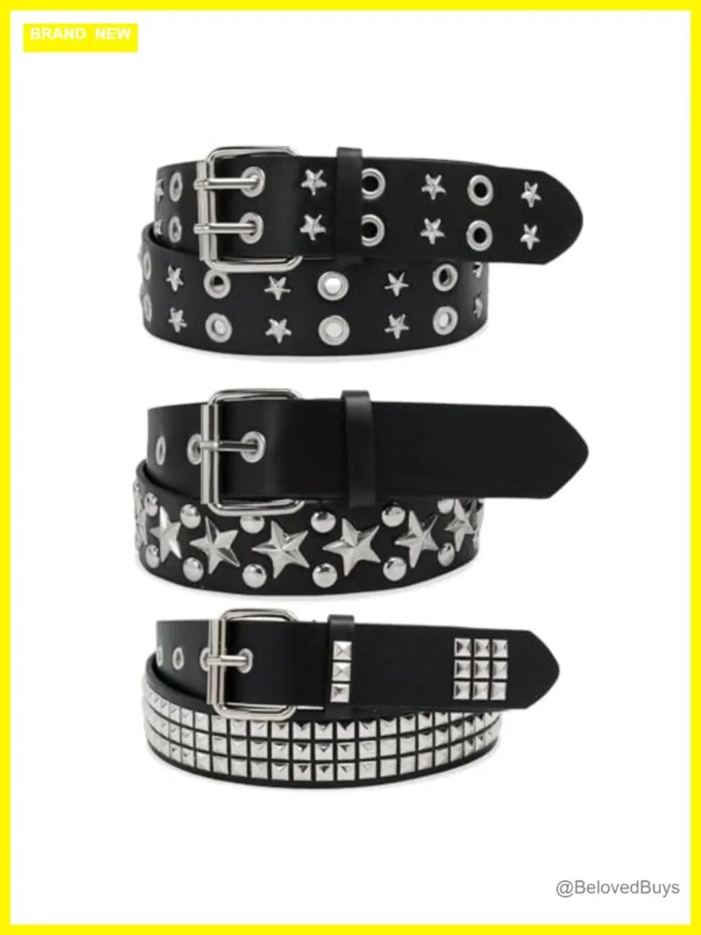 3 Pcs Black Studded Belt Y2K Star Gothic Punk Rock Belts with Grommet Threads